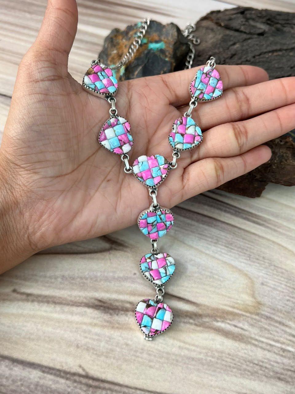Handmade Sterling Silver Cotton Candy Cobble Stone Heart Choker Necklace Signed Nizhoni