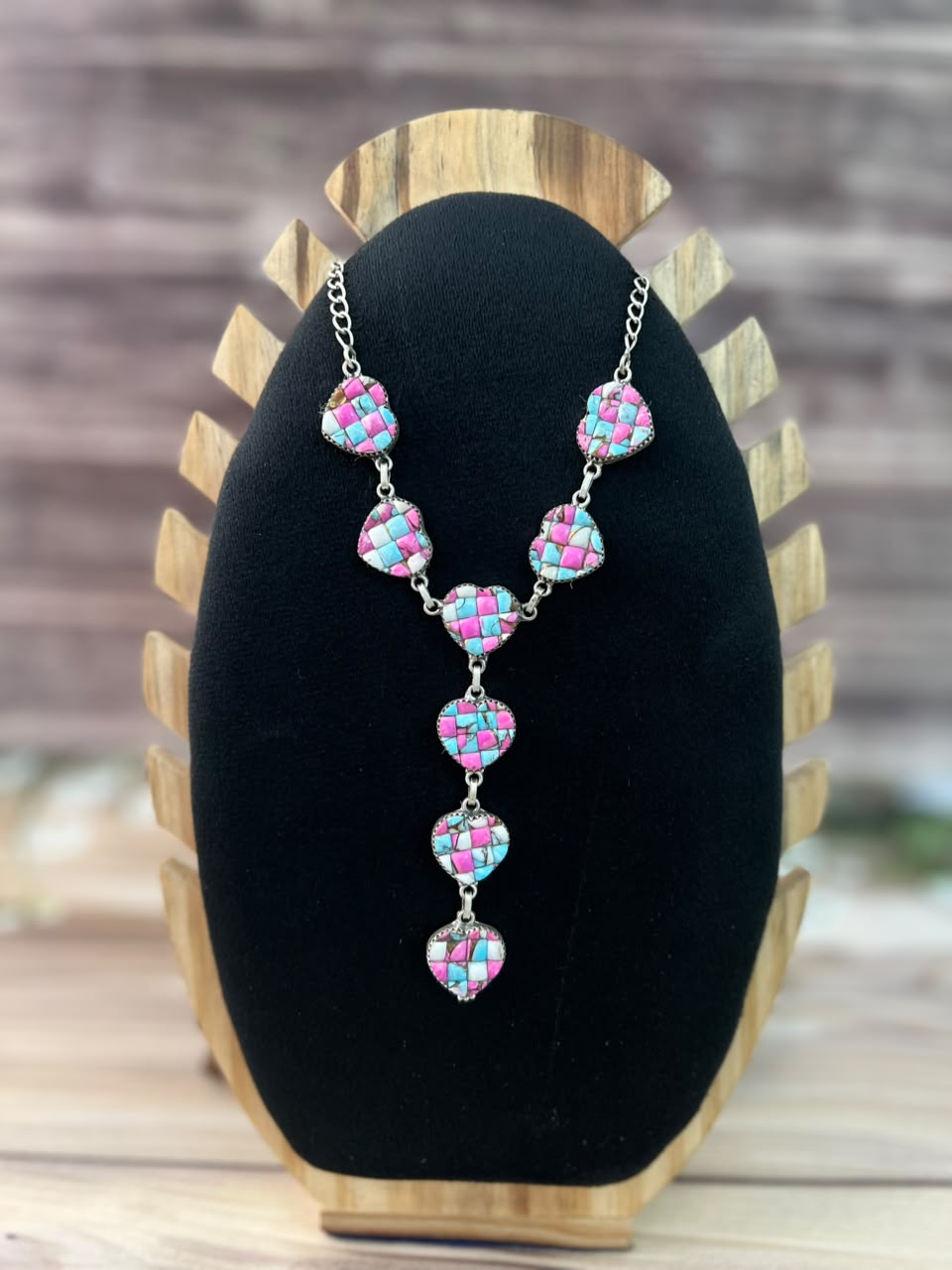 Handmade Sterling Silver Cotton Candy Cobble Stone Heart Choker Necklace Signed Nizhoni