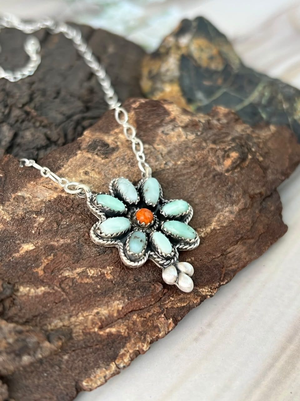 Handmade Sterling Silver Paloma Turquoise with Orange Mojave Necklace Signed Nizhoni