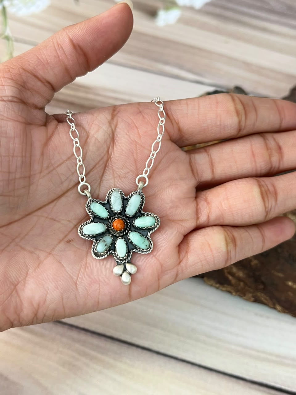 Handmade Sterling Silver Paloma Turquoise with Orange Mojave Necklace Signed Nizhoni