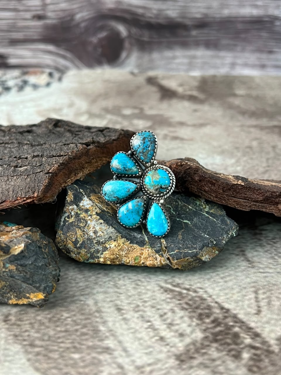 Handmade Sterling Silver Ithaca Peak Turquoise Adjustable Ring Signed Nizhoni