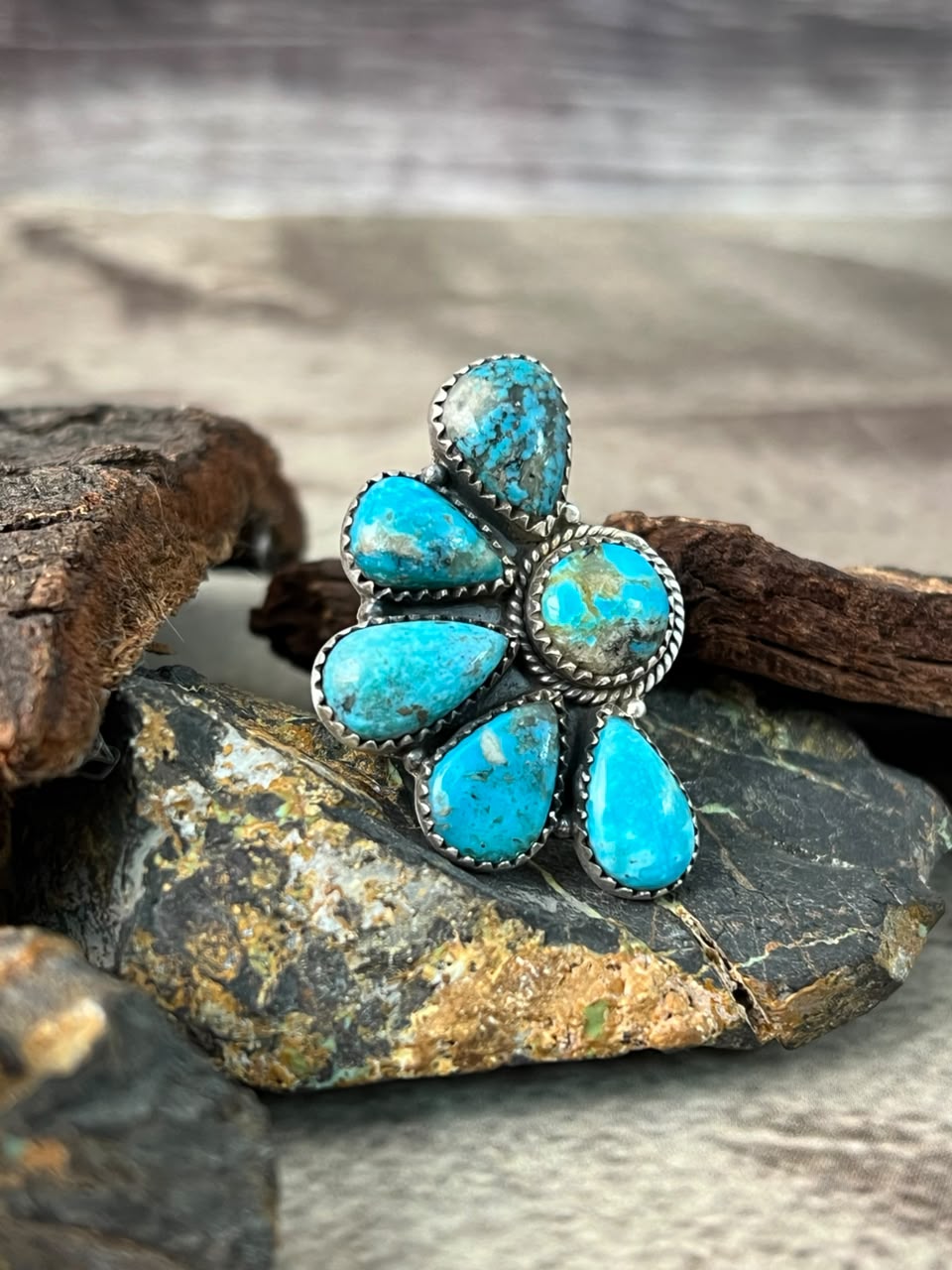 Handmade Sterling Silver Ithaca Peak Turquoise Adjustable Ring Signed Nizhoni