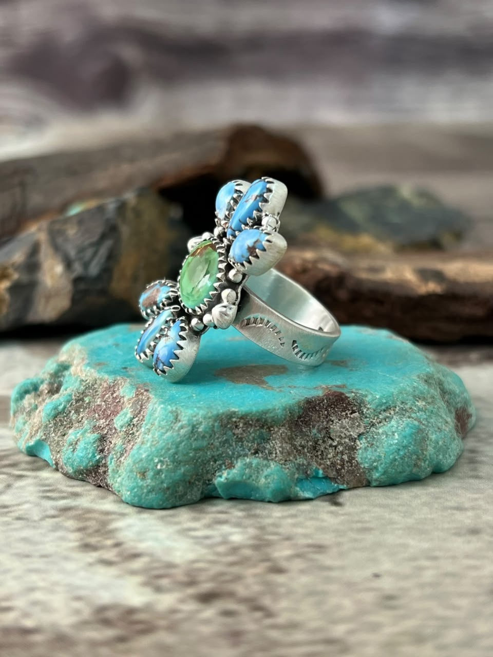 Handmade Sterling Silver Sonoran Mountain with Golden Hills Turquoise Adjustable Ring Signed Nizhoni
