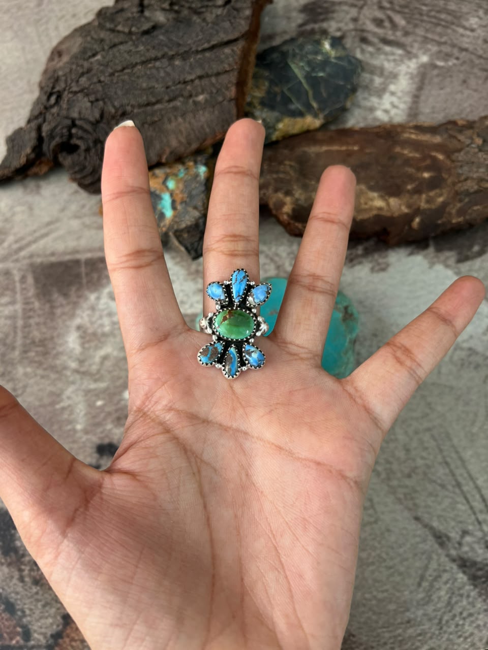 Handmade Sterling Silver Sonoran Mountain with Golden Hills Turquoise Adjustable Ring Signed Nizhoni