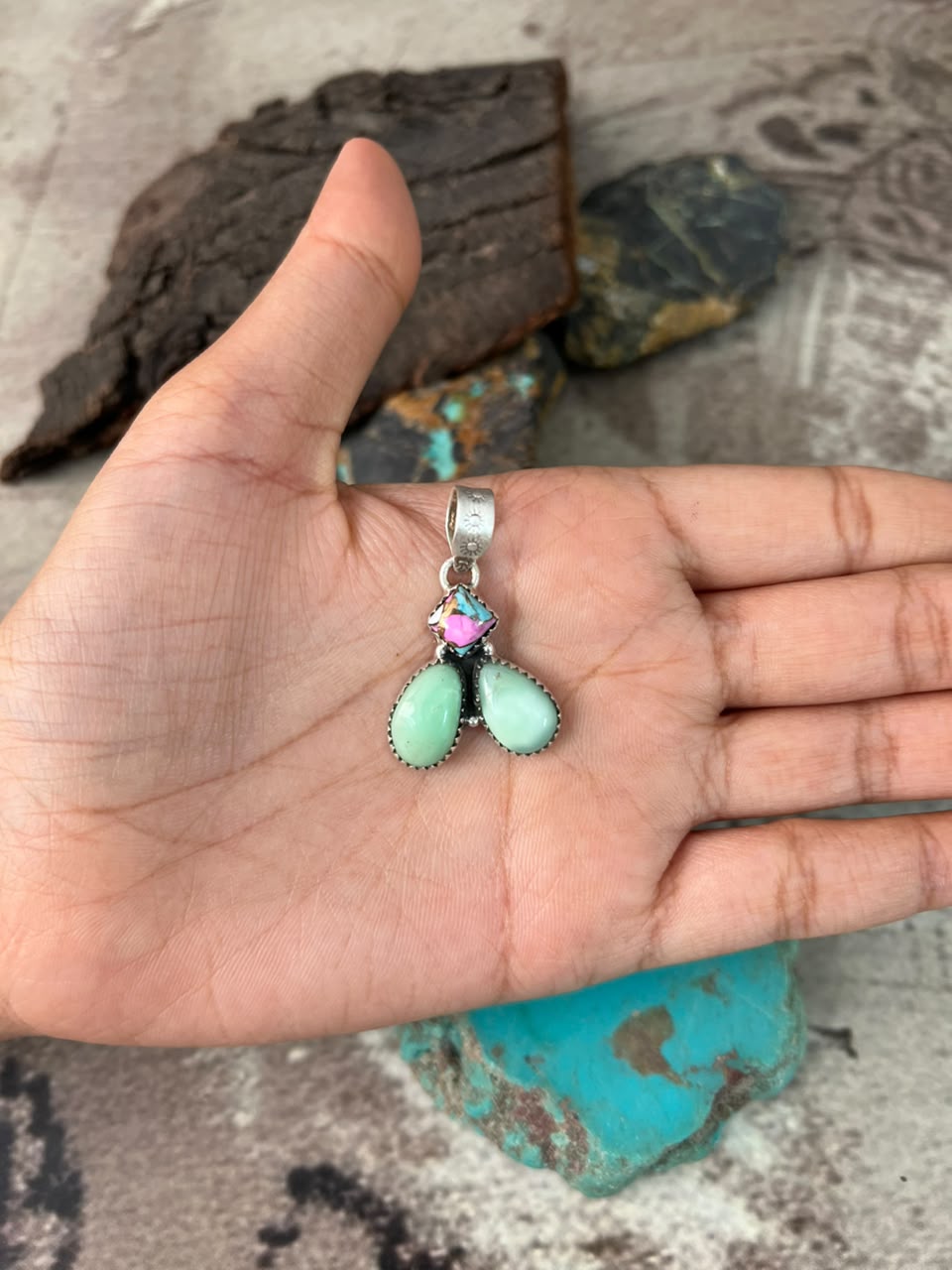 Handmade Sterling Silver Paloma Turquoise with Cotton Candy Pendant Signed Nizhoni