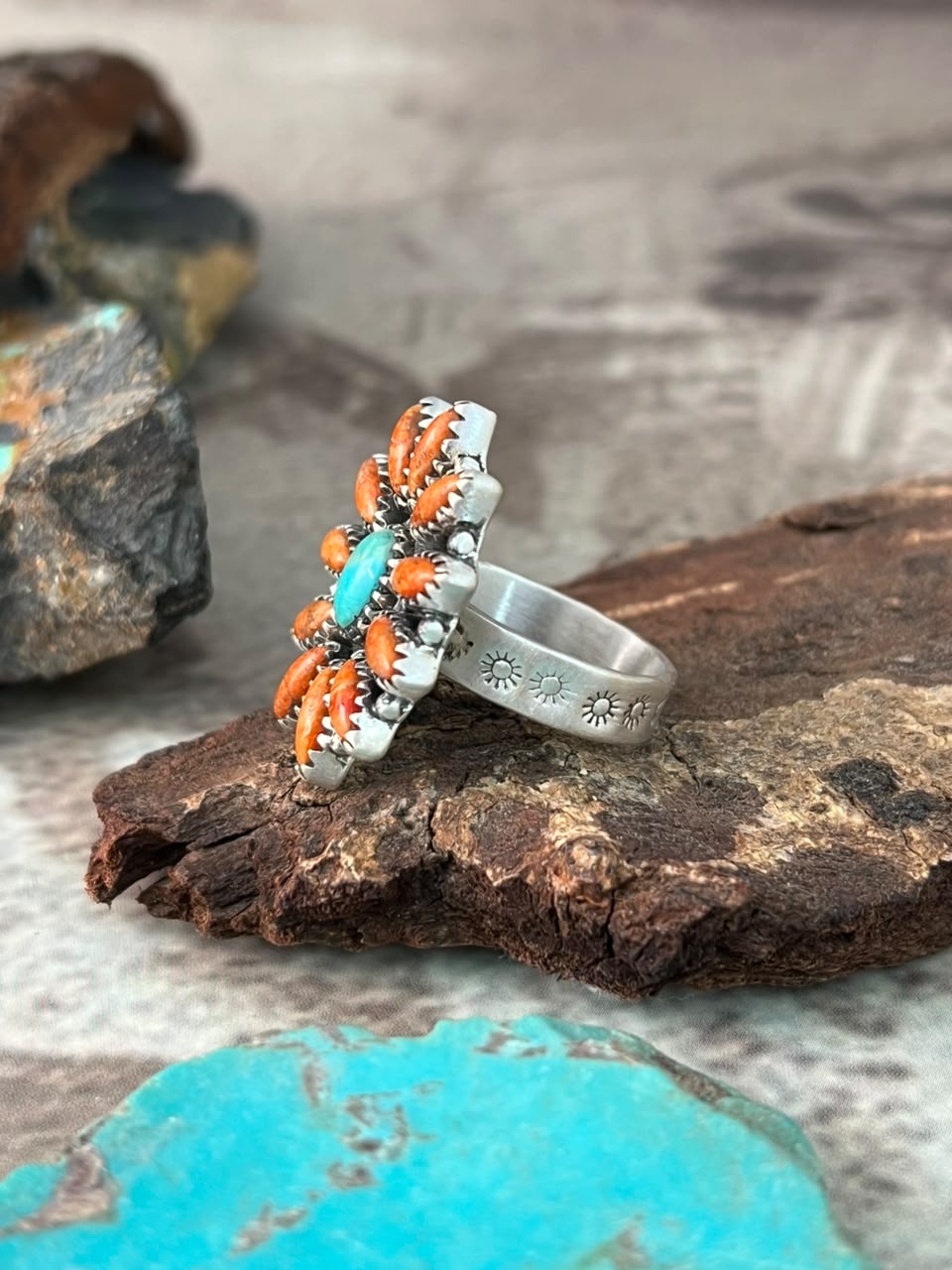Handmade Sterling Silver Kingman Turquoise with Orange Mojave Adjustable Ring Signed Nizhoni