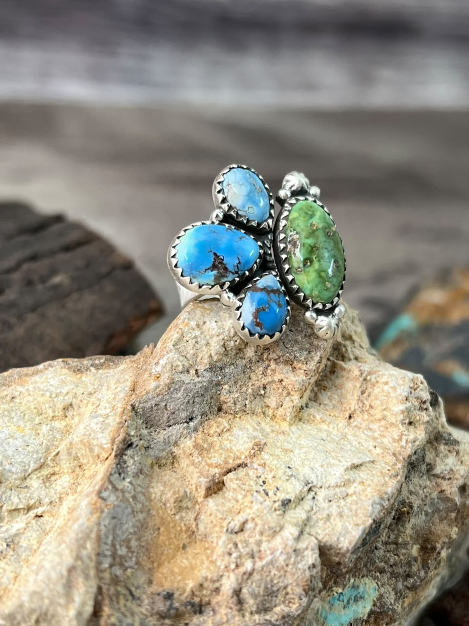 Handmade Sterling Silver Sonoran Mountain with Golden Hills Turquoise Adjustable Ring Signed Nizhoni
