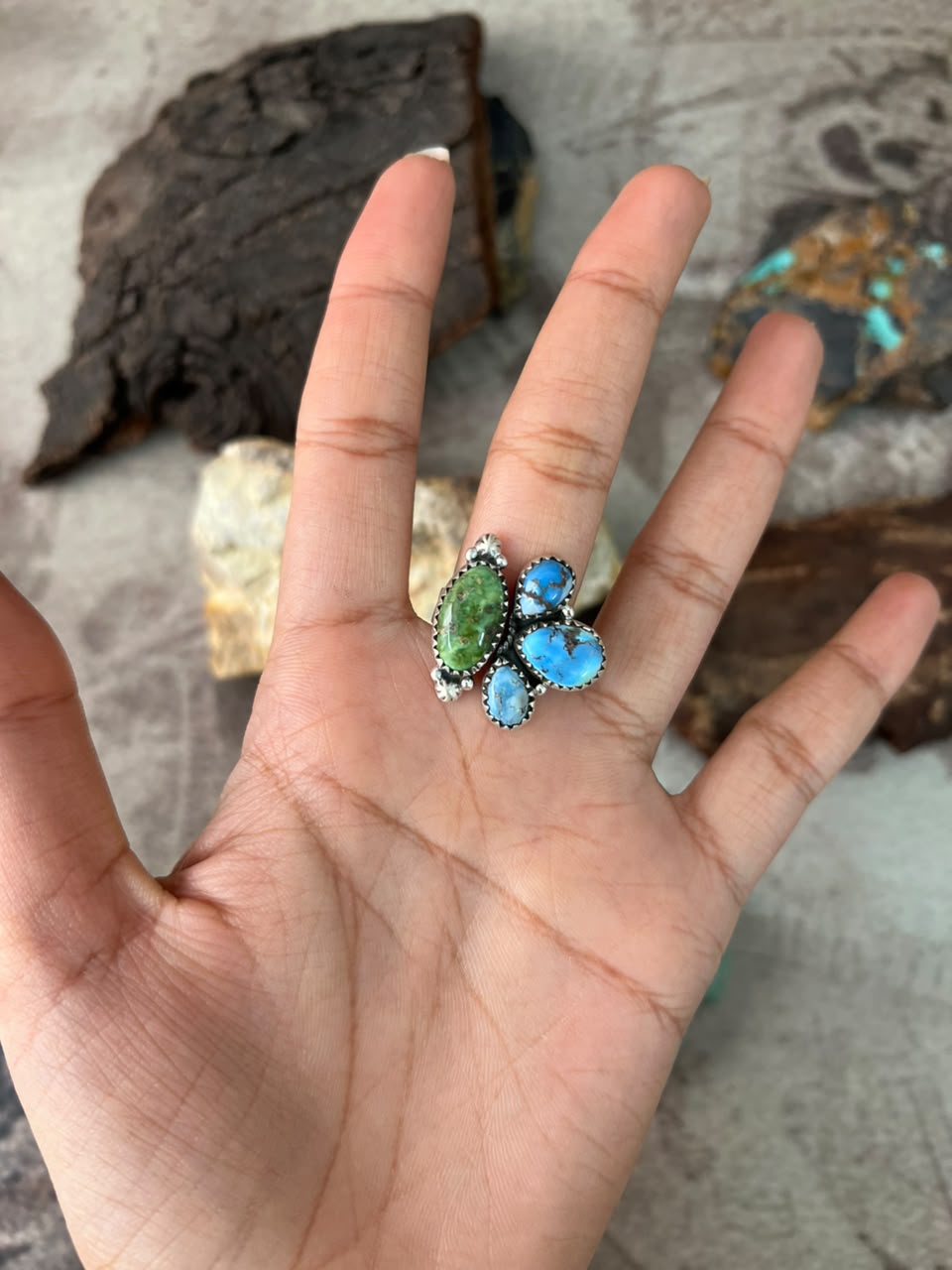 Handmade Sterling Silver Sonoran Mountain with Golden Hills Turquoise Adjustable Ring Signed Nizhoni