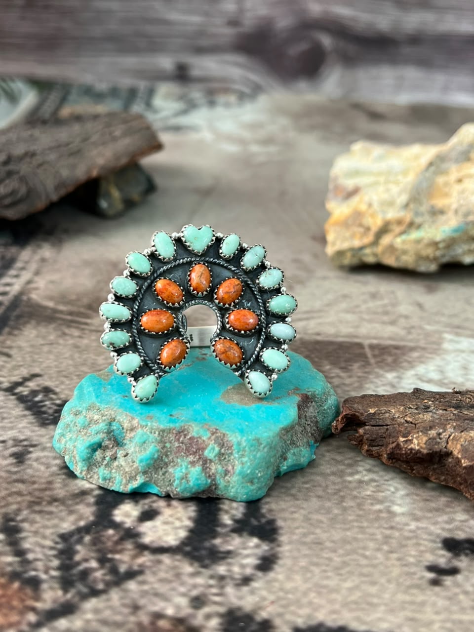 Handmade Sterling Silver Paloma Turquoise with Orange Mojave Adjustable Ring Signed Nizhoni