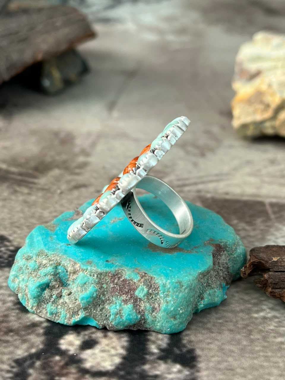 Handmade Sterling Silver Paloma Turquoise with Orange Mojave Adjustable Ring Signed Nizhoni