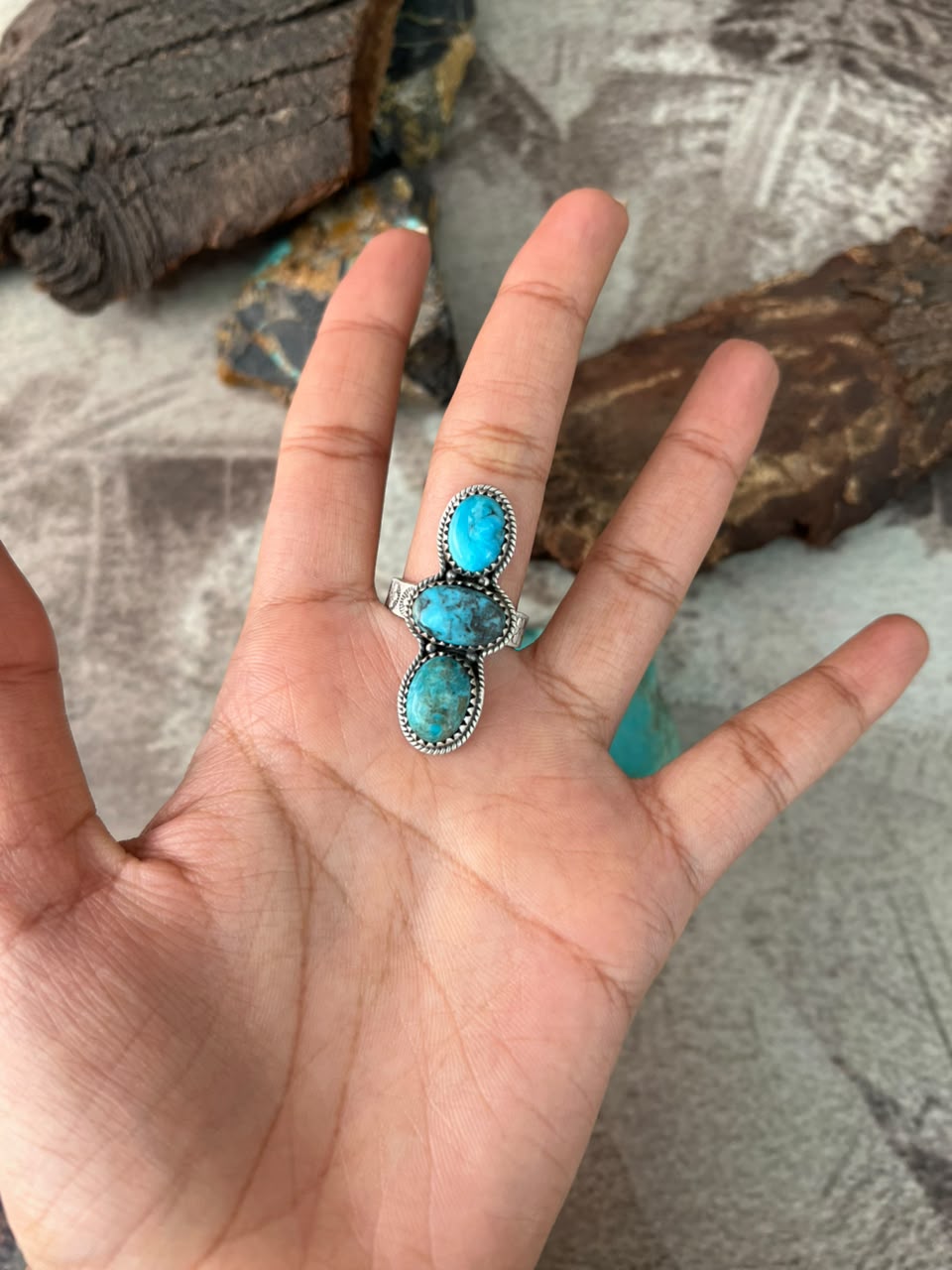 Handmade Sterling Silver Ithaca Peak Turquoise Adjustable Ring Signed Nizhoni