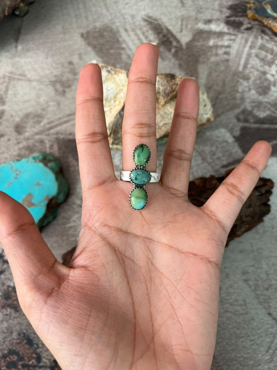 Handmade Sterling Silver Carico Lake Turquoise Adjustable Ring Signed Nizhoni