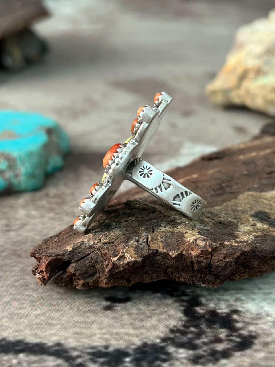 Handmade Sterling Silver Orange Mojave with Palomino Turquoise Adjustable Ring Signed Nizhoni
