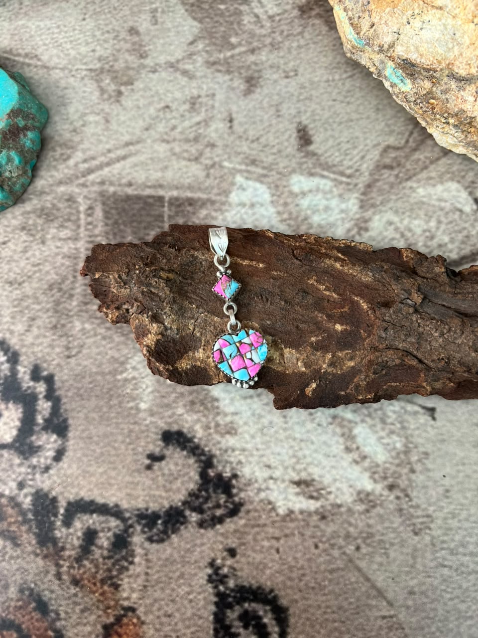 Handmade Sterling Silver Cotton Candy Cobble Stone Heart Pendant Signed Nizhoni