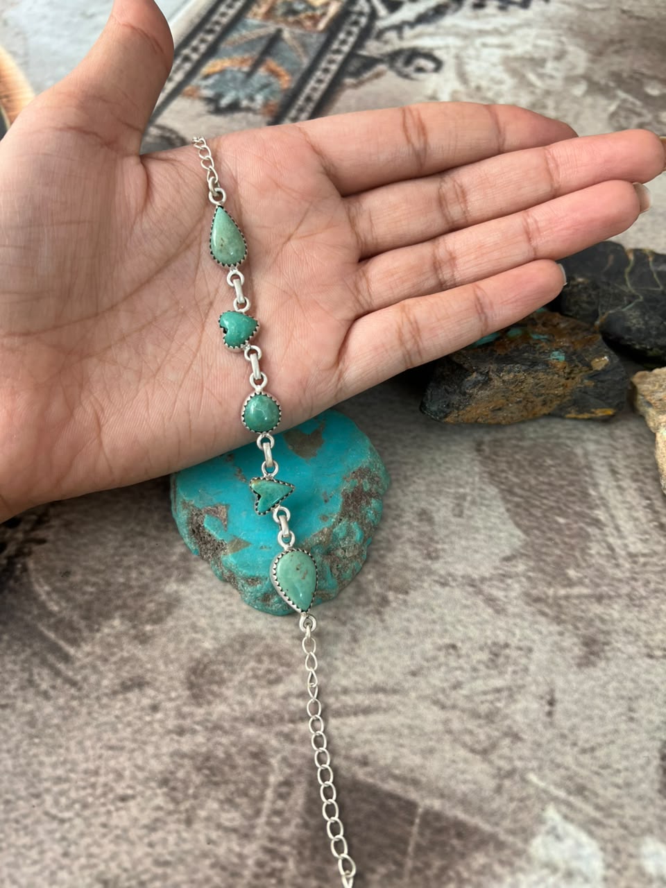Handmade Sterling Silver Pilot Mountain Turquoise Chain Bracelet Signed Nizhoni