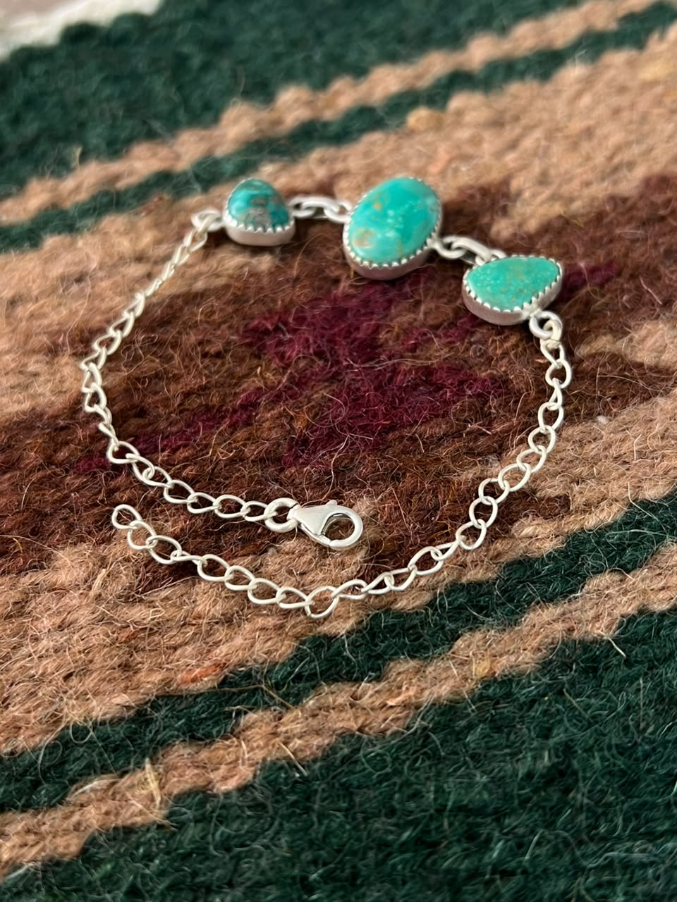 Handmade Sterling Silver Pilot Mountain Turquoise Chain Bracelet Signed Nizhoni