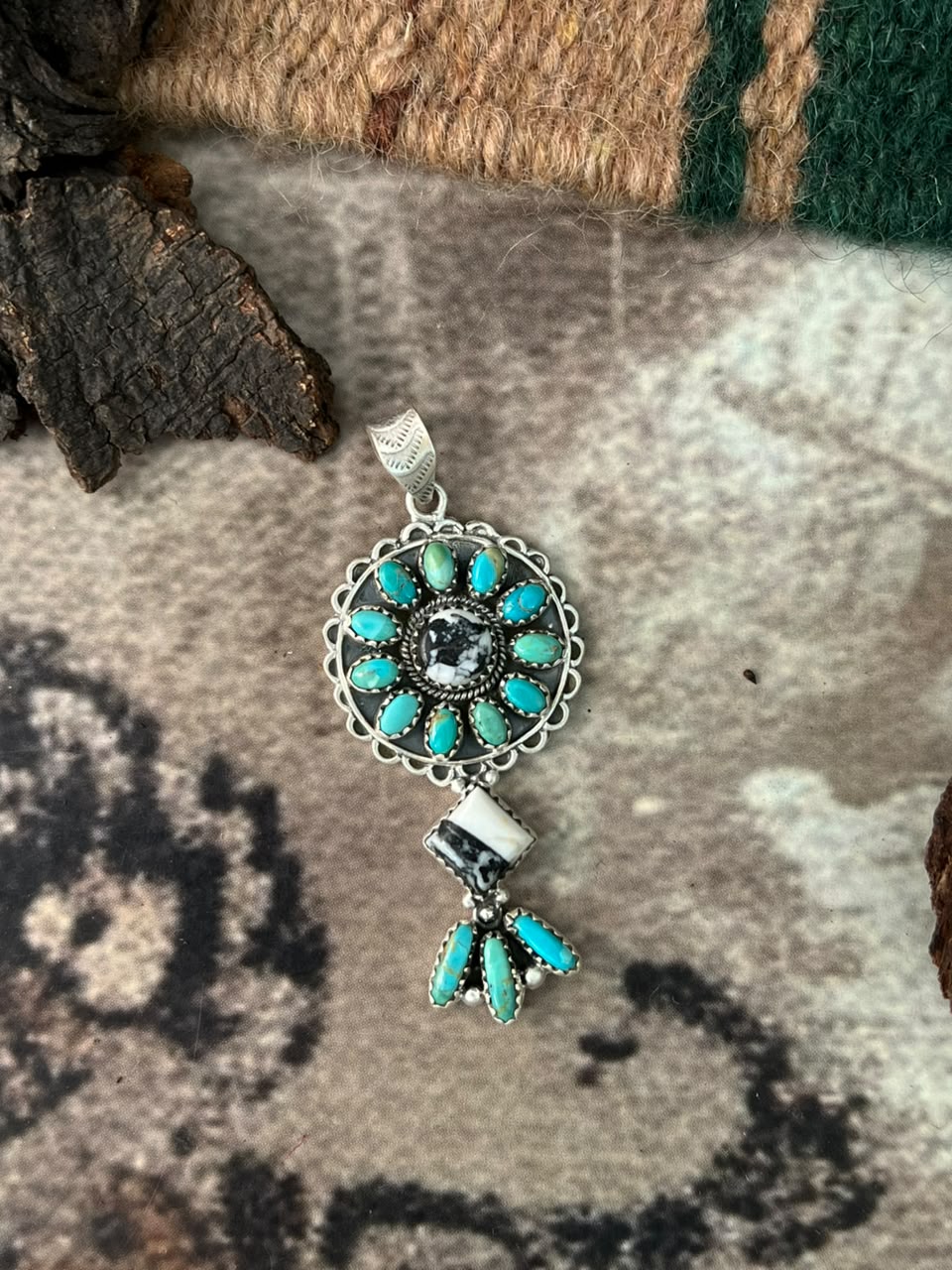 Handmade Sterling Silver Kingman Turquoise with White Buffalo Pendant Signed Nizhoni