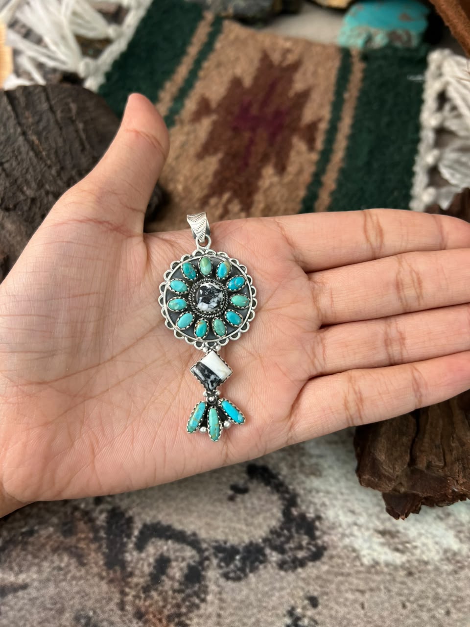 Handmade Sterling Silver Kingman Turquoise with White Buffalo Pendant Signed Nizhoni