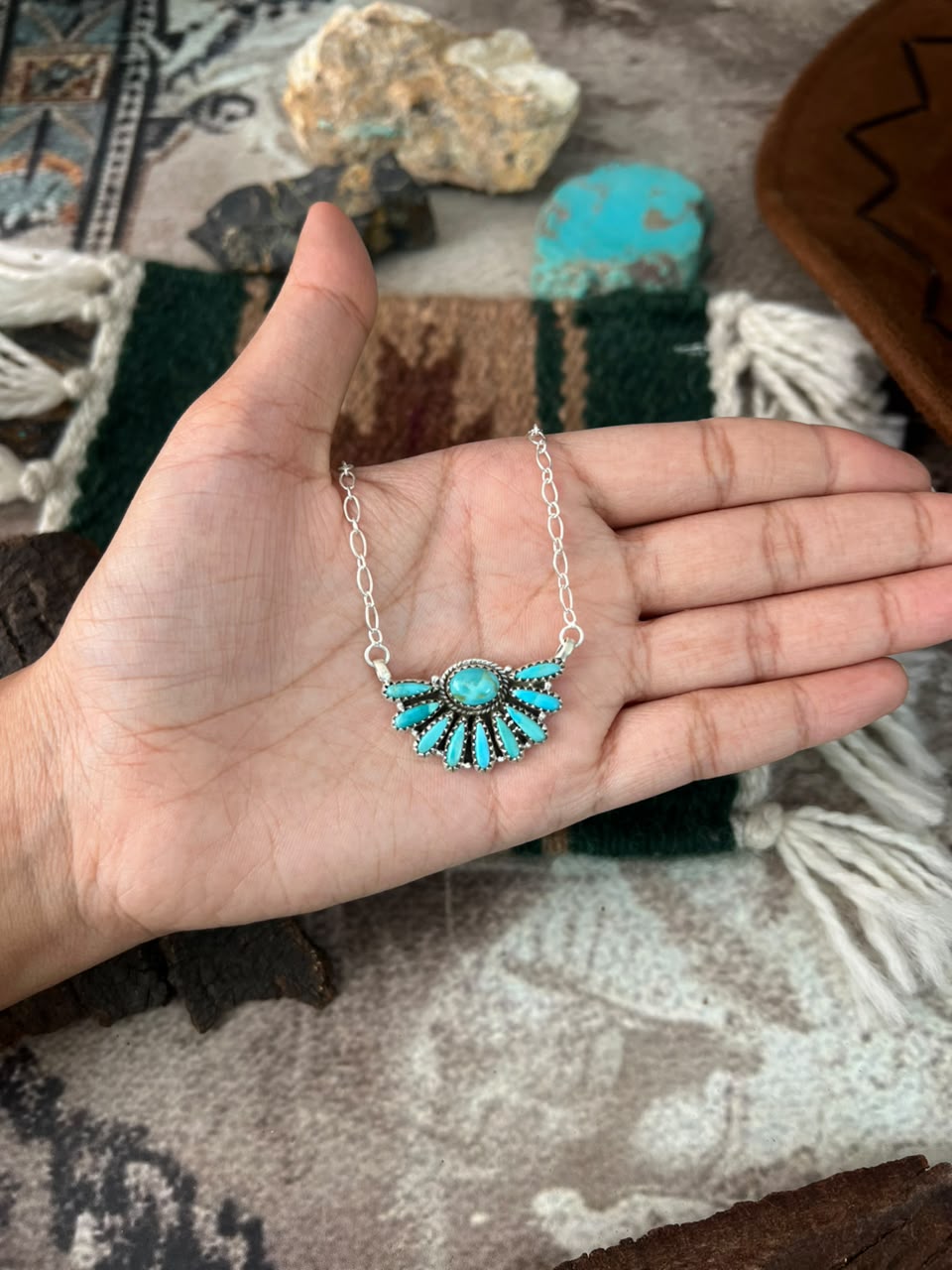 Handmade Sterling Silver Kingman Turquoise Necklace Signed Nizhoni