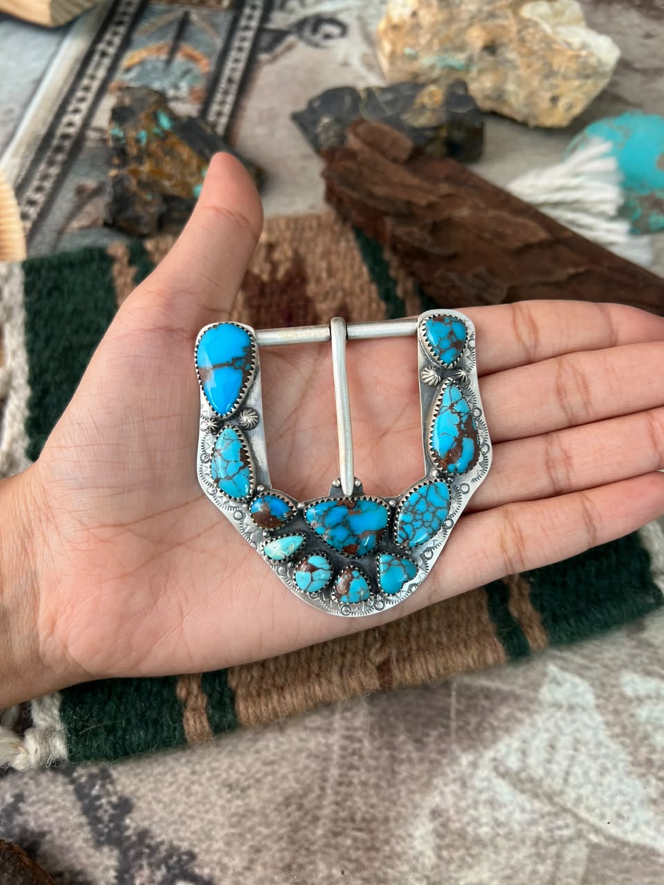 Handmade Sterling Silver Egyptian Turquoise Belt Buckle Signed Nizhoni
