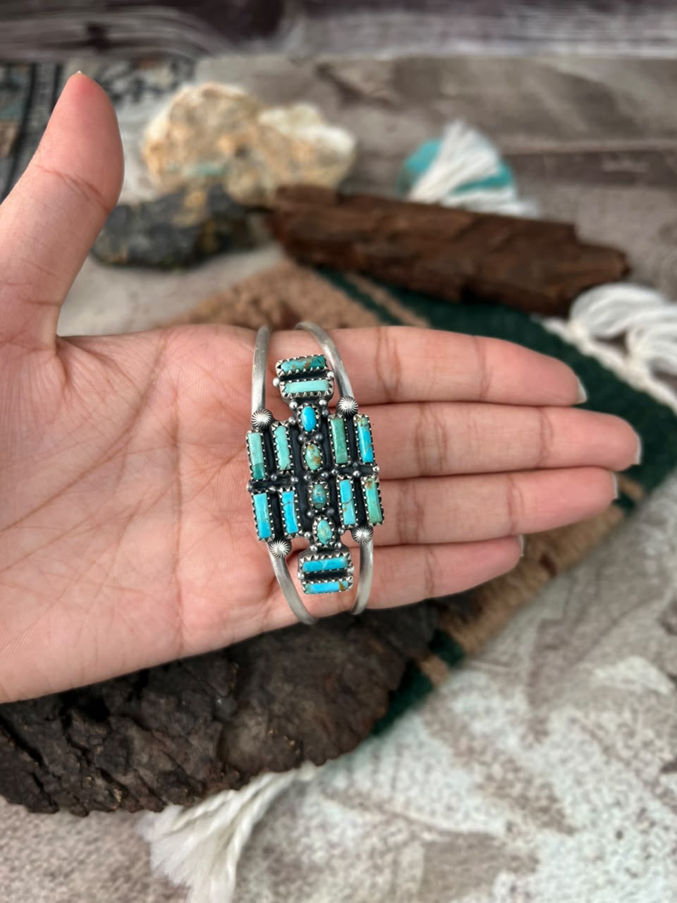 Handmade Sterling Silver Kingman Turquoise Cuff Bracelet Signed Nizhoni (4)