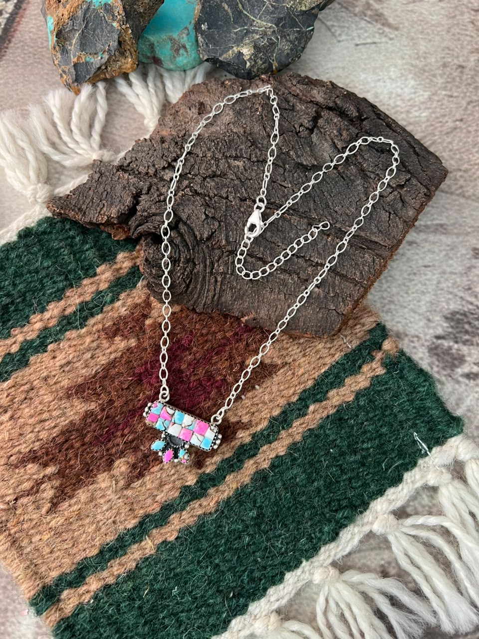 Handmade Sterling Silver Cotton Candy Cobble Stone Necklace Signed Nizhoni