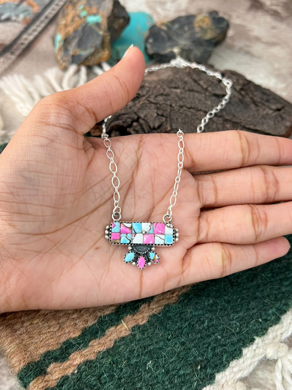 Handmade Sterling Silver Cotton Candy Cobble Stone Necklace Signed Nizhoni