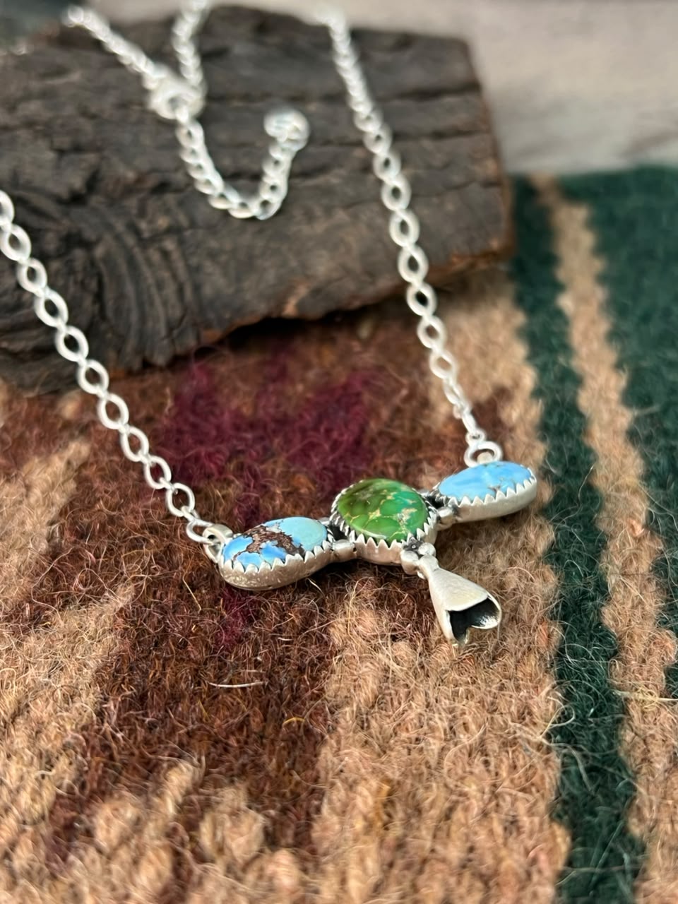 Handmade Sterling Silver Sonoran Mountain with Golden Hills Turquoise Squash Blossom Necklace Signed Nizhoni