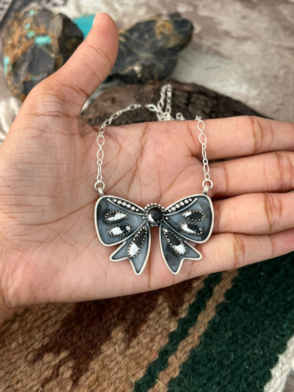Handmade Sterling Silver White Buffalo Bow Necklace Signed Nizhoni