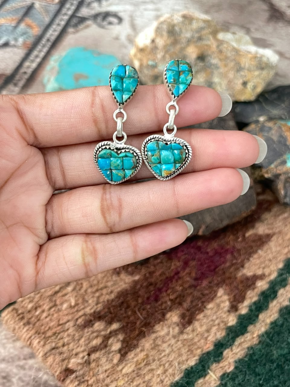 Handmade Sterling Silver Kingman Turquoise Cobble Stone Post Dangle Earrings Signed Nizhoni