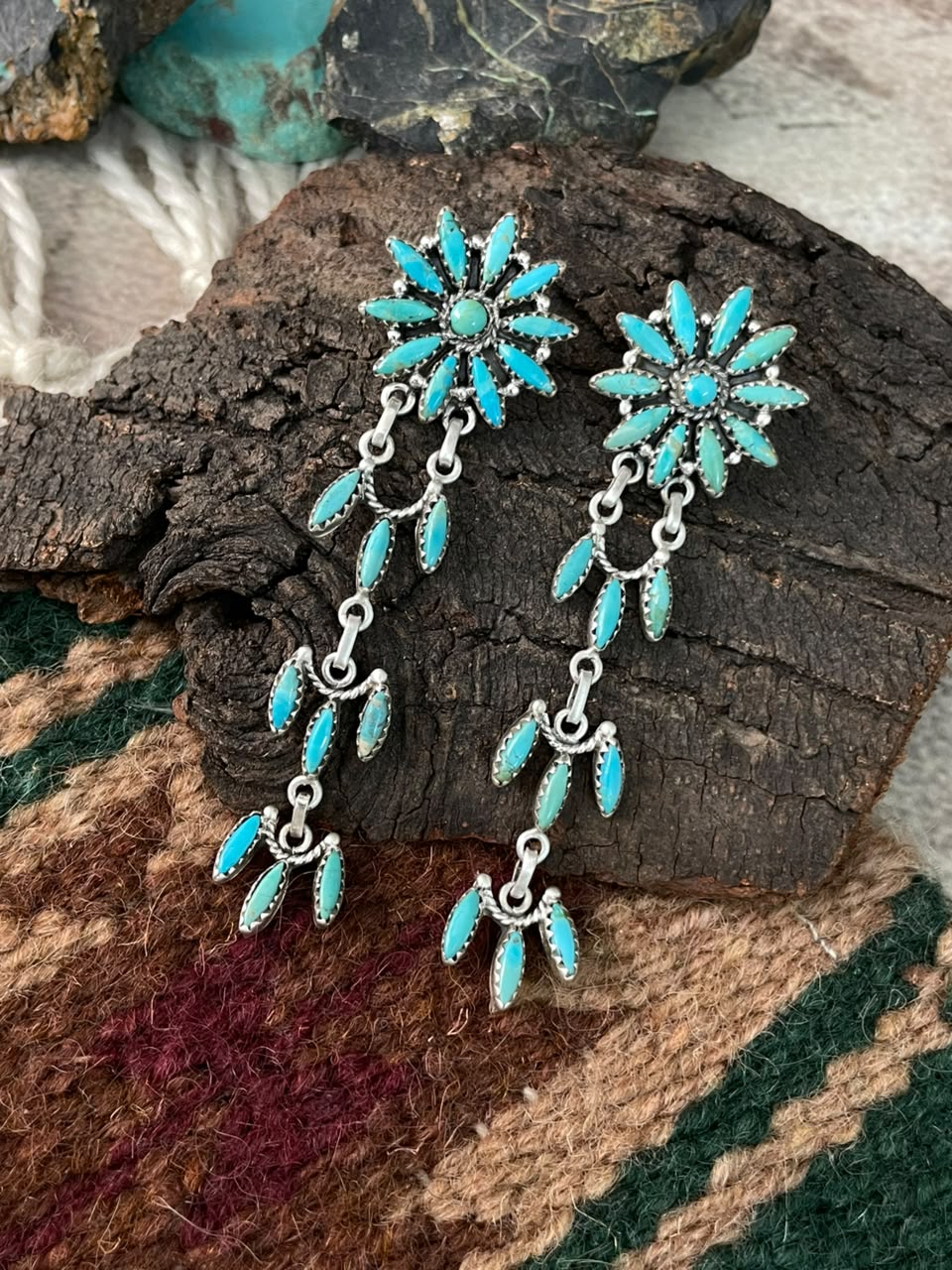 Handmade Sterling Silver Kingman Turquoise Post Dangle Earrings Signed Nizhoni