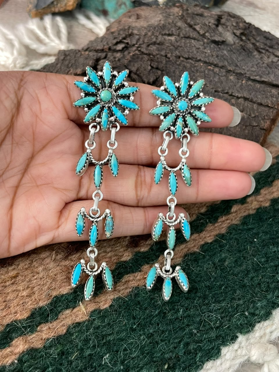 Handmade Sterling Silver Kingman Turquoise Post Dangle Earrings Signed Nizhoni