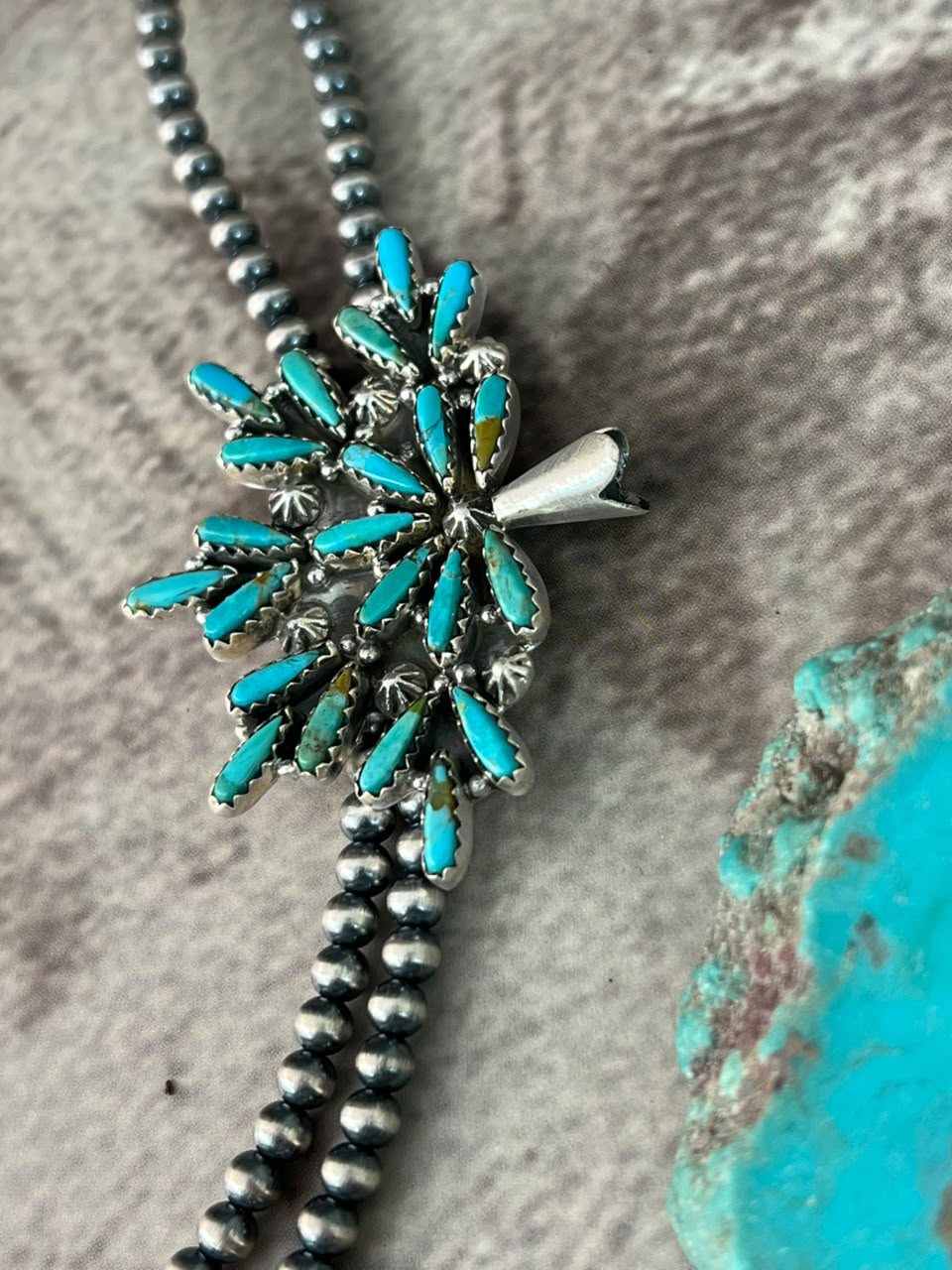Handmade Sterling Silver Mojave with Kingman Turquoise Squash Blossom Beaded Necklace Signed Nizhoni