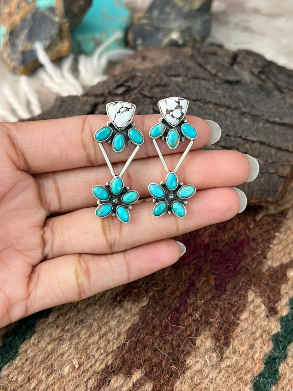 Handmade Sterling Silver Kingman Turquoise with Wildhorse Magnesite Post Earrings Signed Nizhoni
