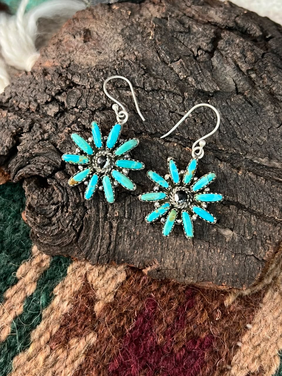 Handmade Sterling Silver Kingman Turquoise with White Buffalo Hook Dangle Earrings Signed Nizhoni