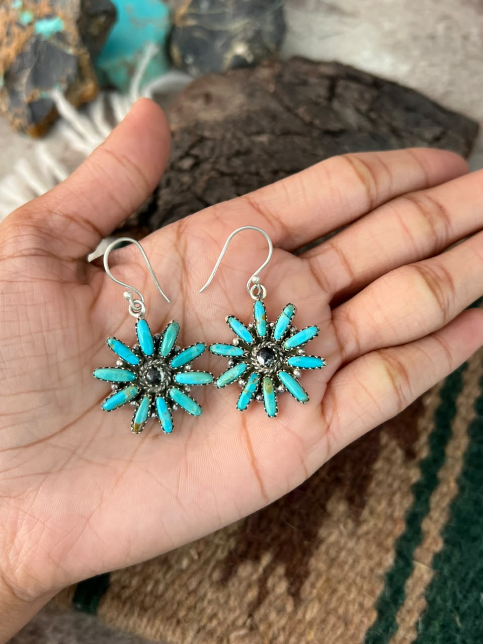 Handmade Sterling Silver Kingman Turquoise with White Buffalo Hook Dangle Earrings Signed Nizhoni