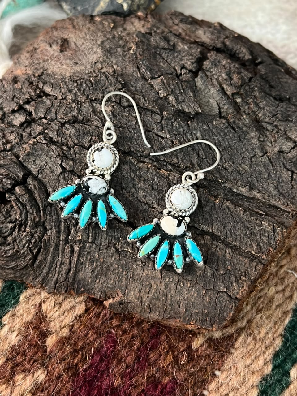 Handmade Sterling Silver Kingman Turquoise with White Buffalo Hook Dangle Earrings Signed Nizhoni