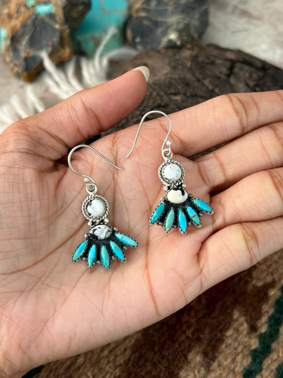 Handmade Sterling Silver Kingman Turquoise with White Buffalo Hook Dangle Earrings Signed Nizhoni