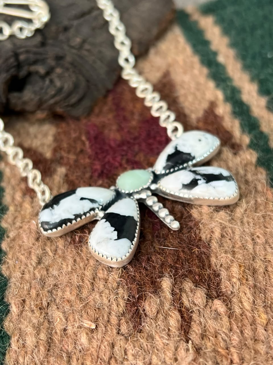 Handmade Sterling Silver White Buffalo with Paloma Turquoise Butterfly Necklace Signed Nizhoni