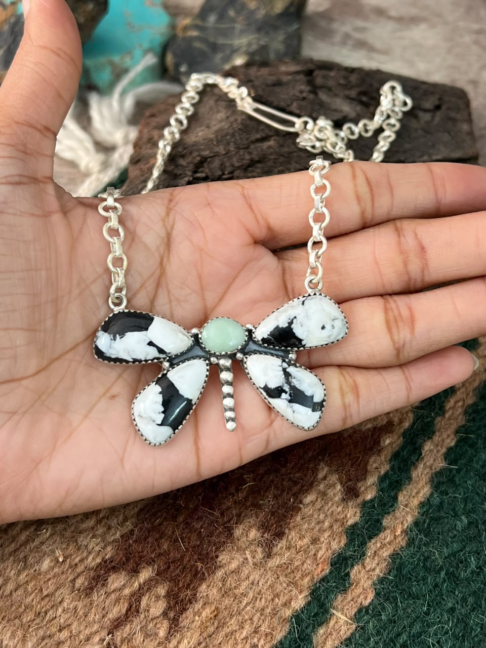 Handmade Sterling Silver White Buffalo with Paloma Turquoise Butterfly Necklace Signed Nizhoni