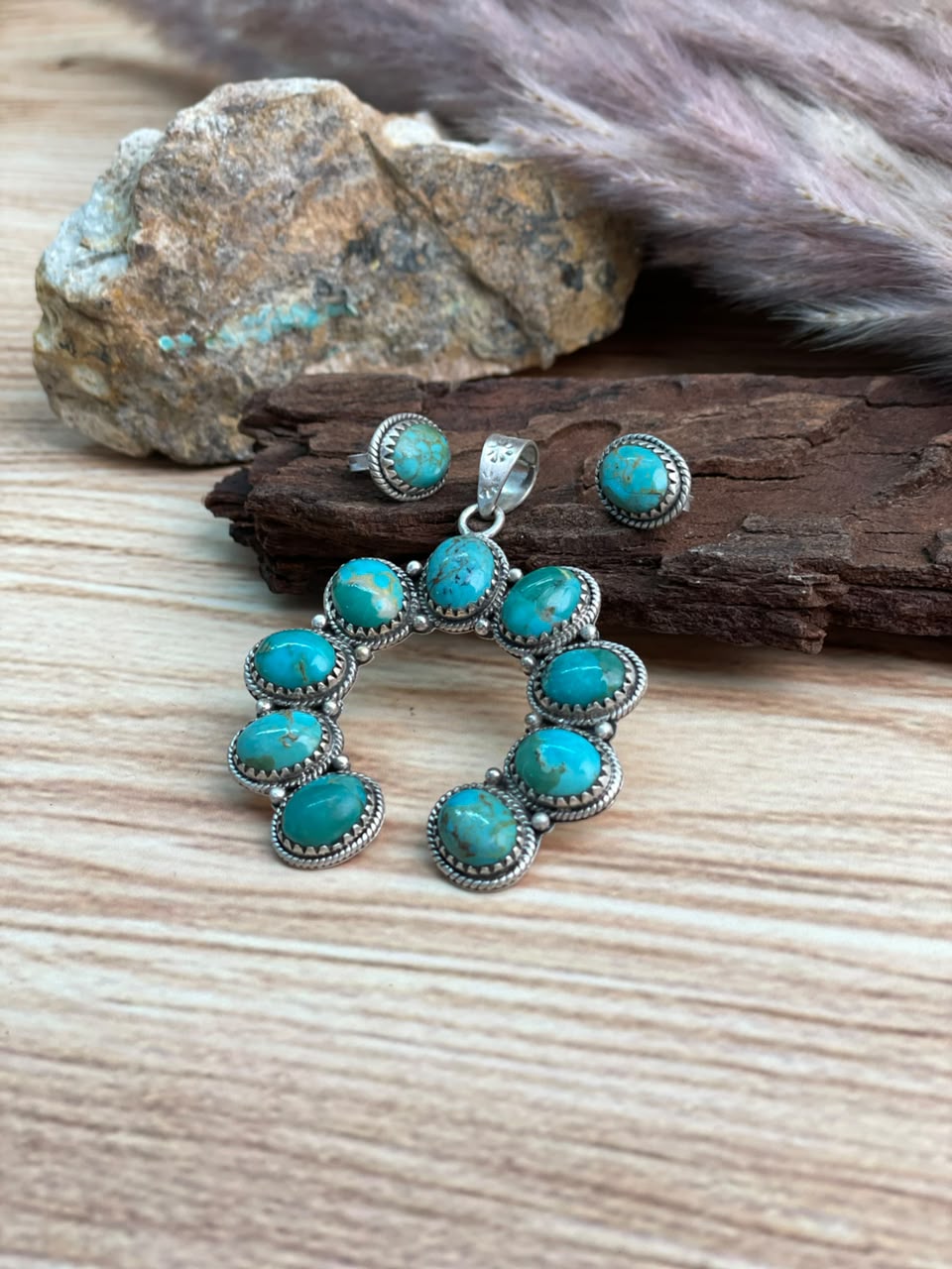 Handmade Sterling Silver Kingman Turquoise Naja Pendant and Earrings Set Signed Nizhoni