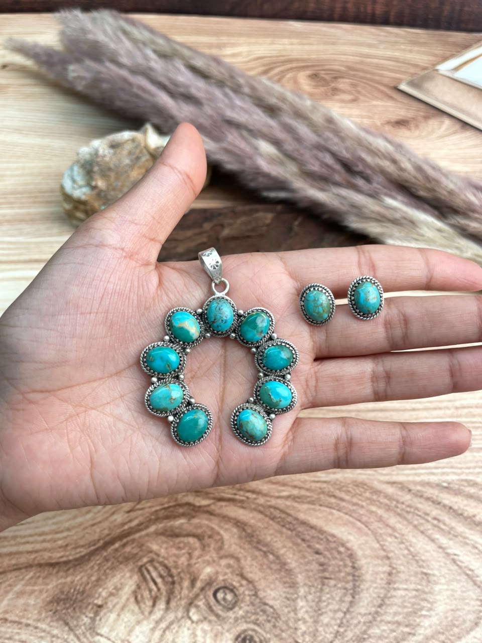 Handmade Sterling Silver Kingman Turquoise Naja Pendant and Earrings Set Signed Nizhoni