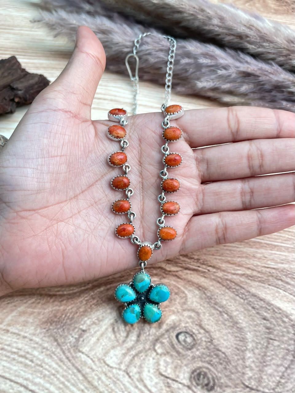 Handmade Sterling Silver Kingman Turquoise with Orange Mojave Necklace Signed Nizhoni