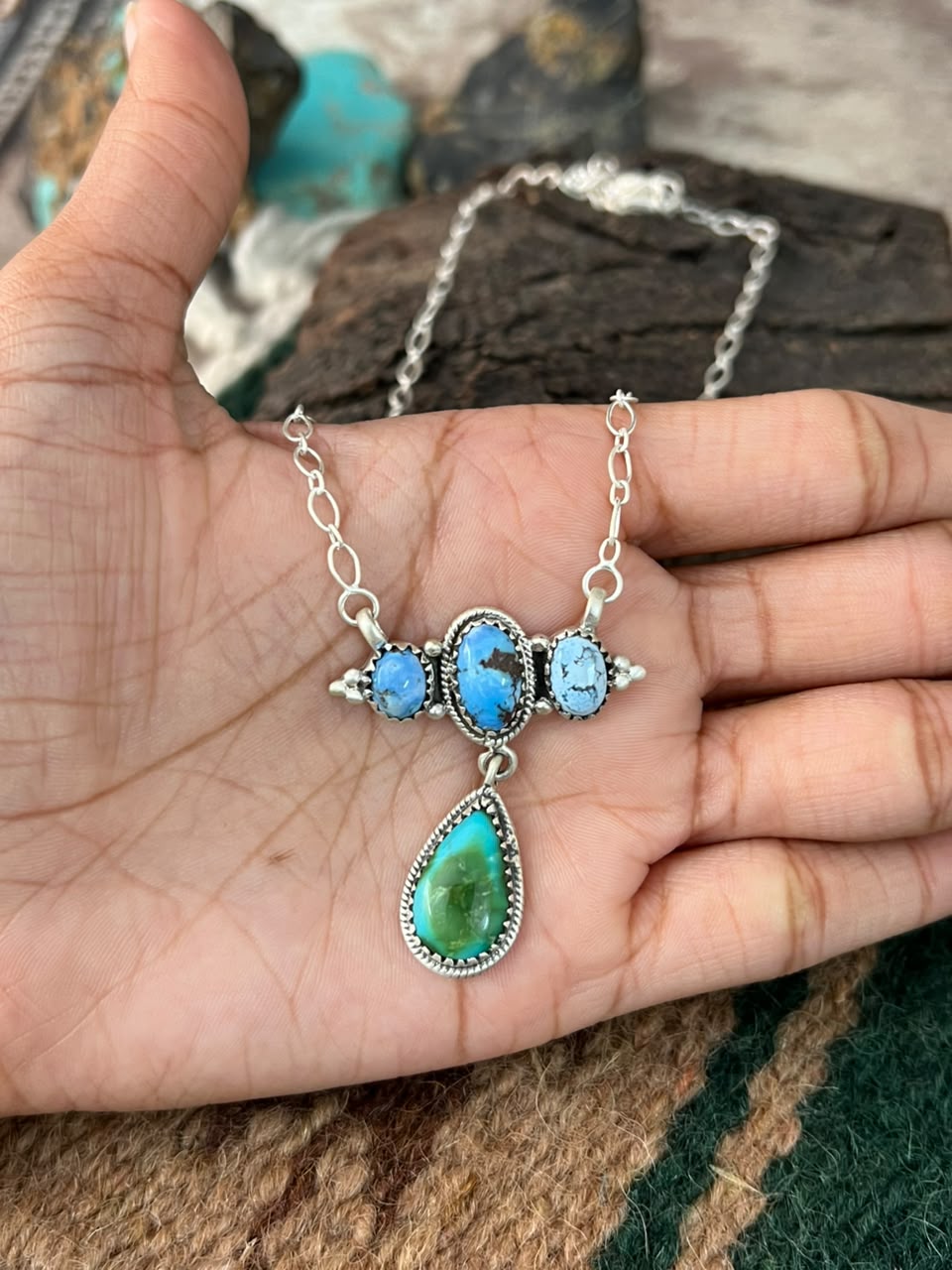 Handmade Sterling Silver Sonoran Mountain with Golden Hills Turquoise Necklace Signed Nizhoni
