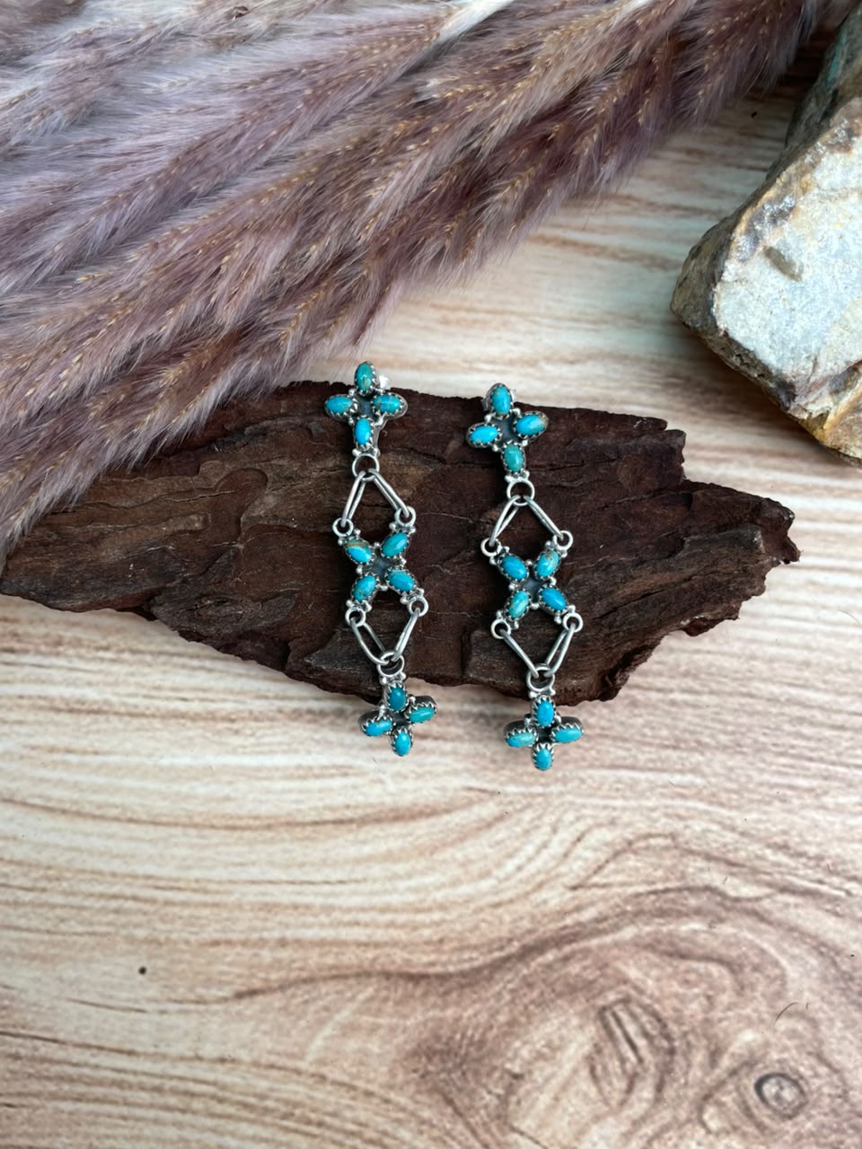 Handmade Sterling Silver Kingman Turquoise Post Dangle Earrings Signed Nizhoni