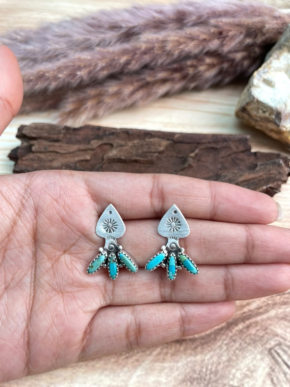 Handmade Sterling Silver Kingman Turquoise Post Studs Earrings Signed Nizhoni