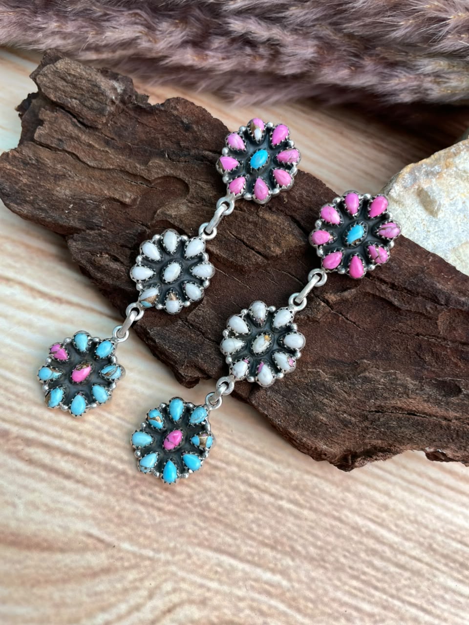 Handmade Sterling Silver Cotton Candy Post Dangle Earrings Signed Nizhoni