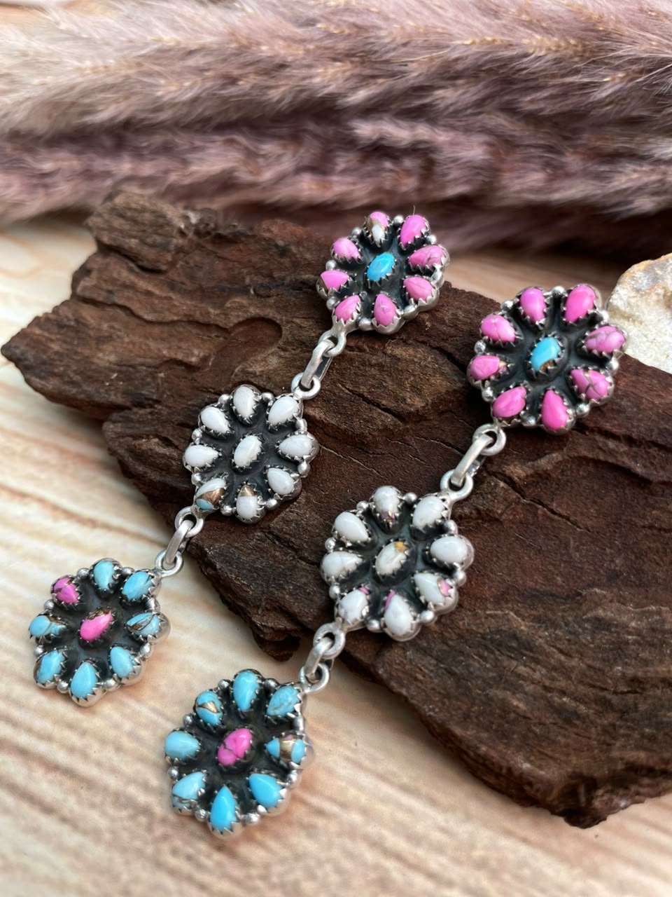 Handmade Sterling Silver Cotton Candy Post Dangle Earrings Signed Nizhoni