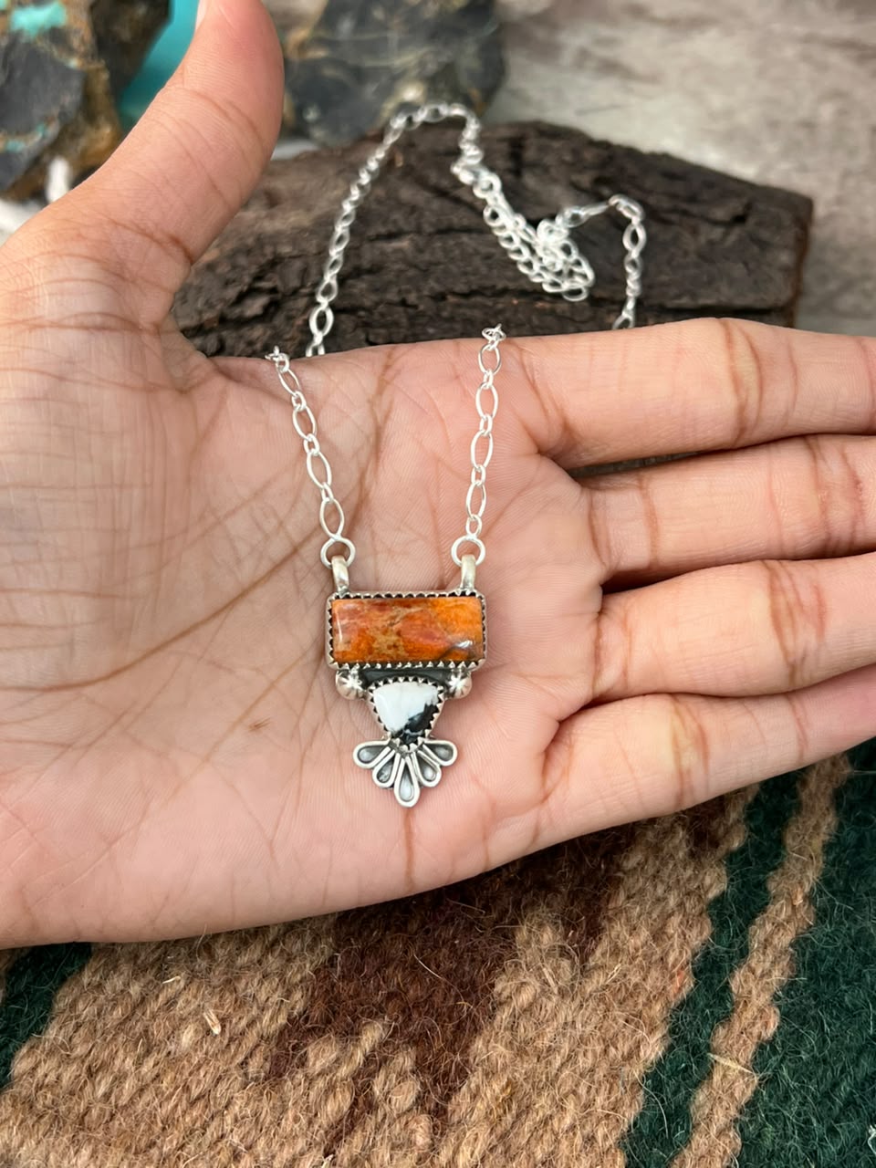 Handmade Sterling Silver Orange Mojave with White Buffalo Necklace Signed Nizhoni