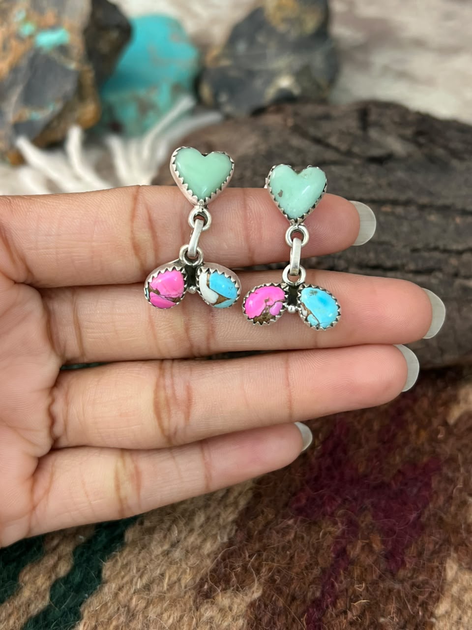 Handmade Sterling Silver Paloma Turquoise with Cotton Candy Post Dangle Earrings Signed Nizhoni